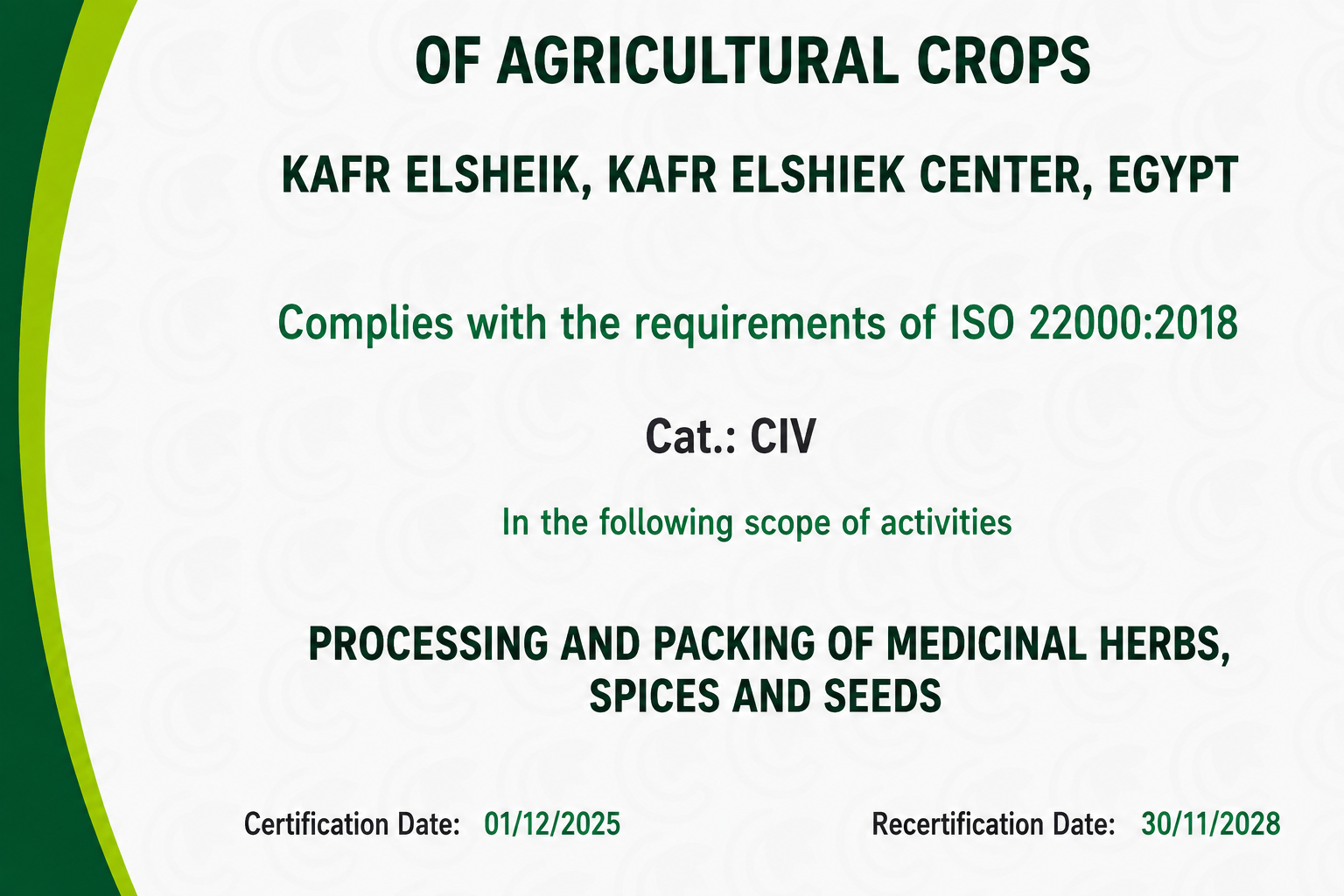 ISO 22000:2018 Certificate